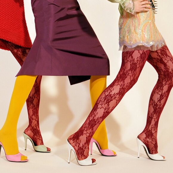 GUCCI TIGHTS SCARLET FLORAL LACE LOGO WAISTBAND sz M / MEDIUM - Picture 5 of 14